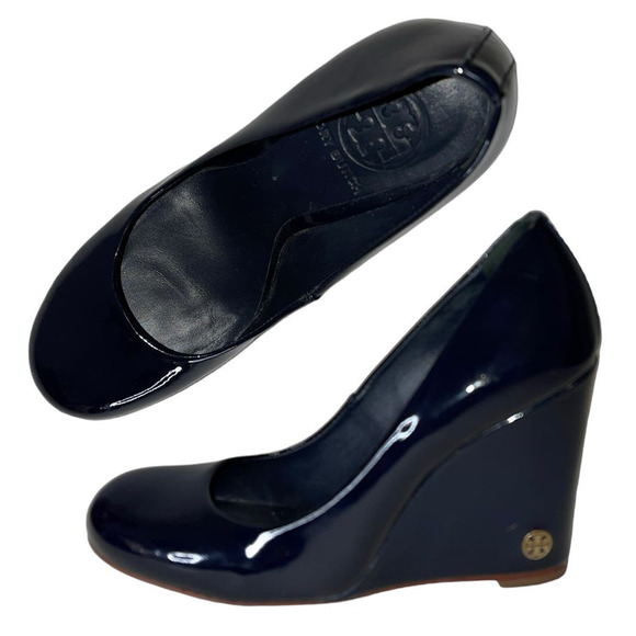 Tory Burch Shoes - Tory Burch Dark Midnight Blue Round Toe Patent Leather Wedge Heel Size 6.5
